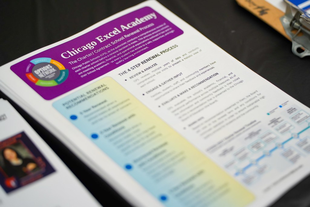 Chicago Excel Academy school renewal process materials displayed during the State of the School Address.
