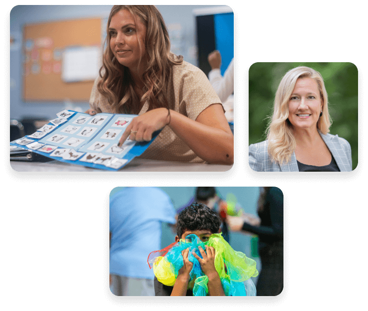 Collage of 3 images: Teacher showing images of animals to students, a student holding colorful material over their face, district leader posing for a picture